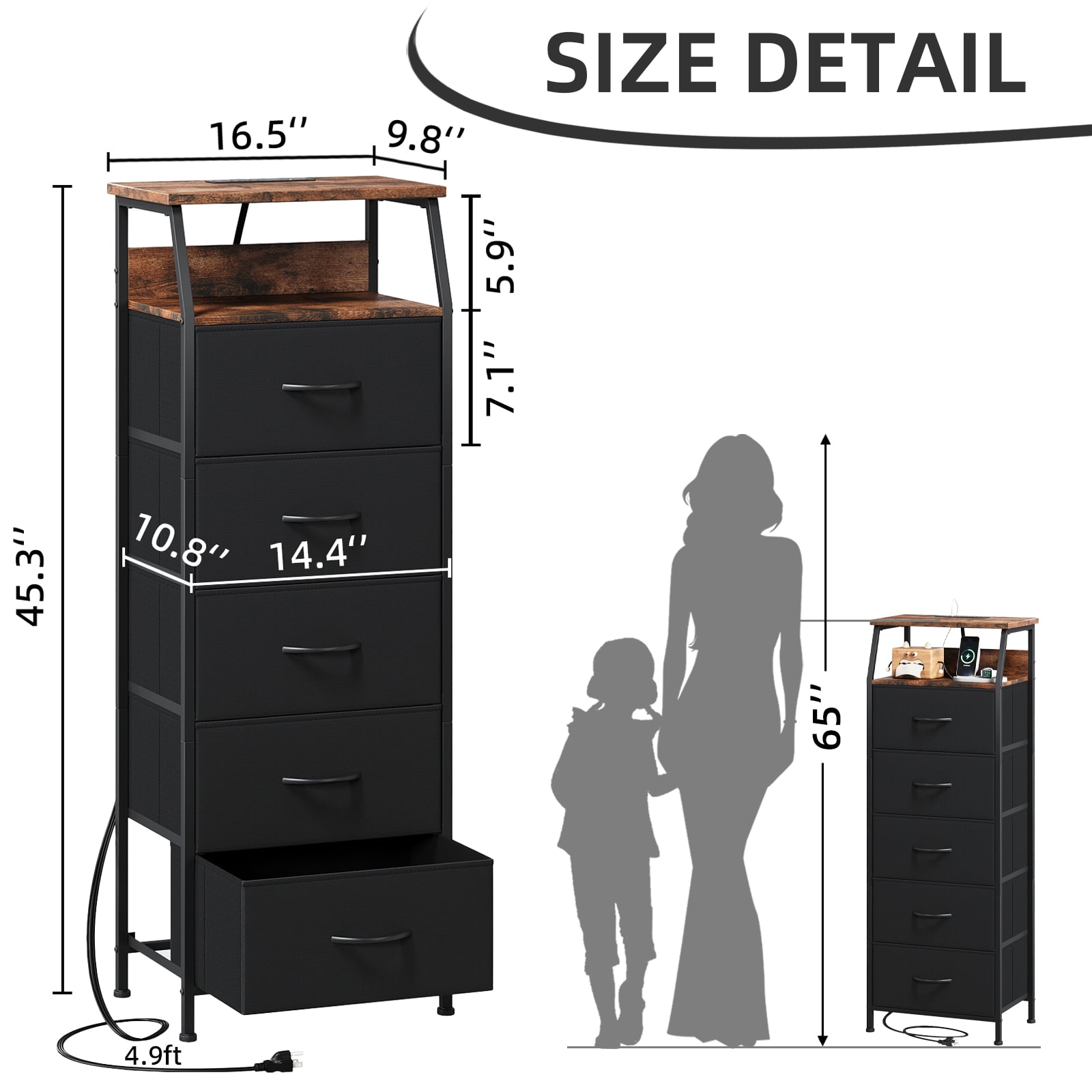 Eunos Black Tall Nightstand with Charging Station and LED for Bedroom, 5 Drawer with Storage Shelfs