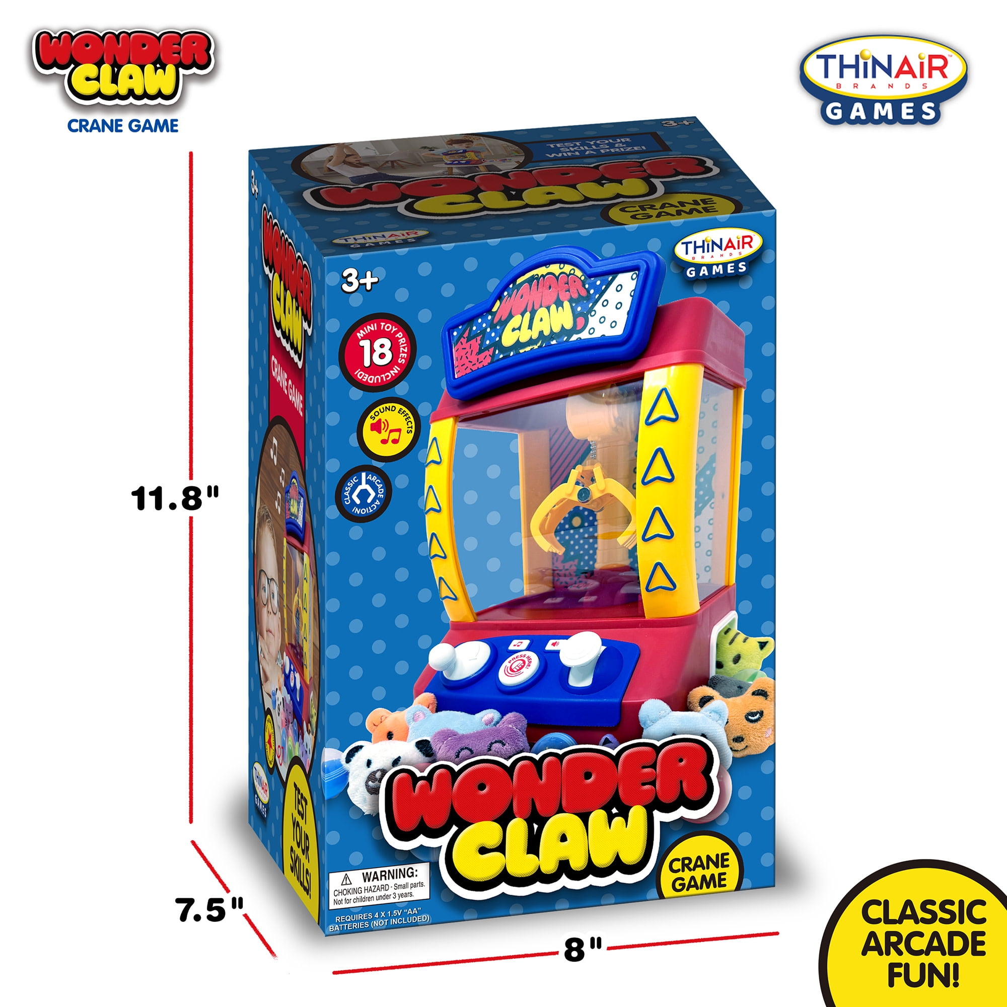 Thin Air Games: Wonder Claw Crane Machine Game - Sounds Arcade Style Game, Motorized Claw Toy Grabber, 9 Balls, Stuffed Animal Prizes, Family-Kids 3+