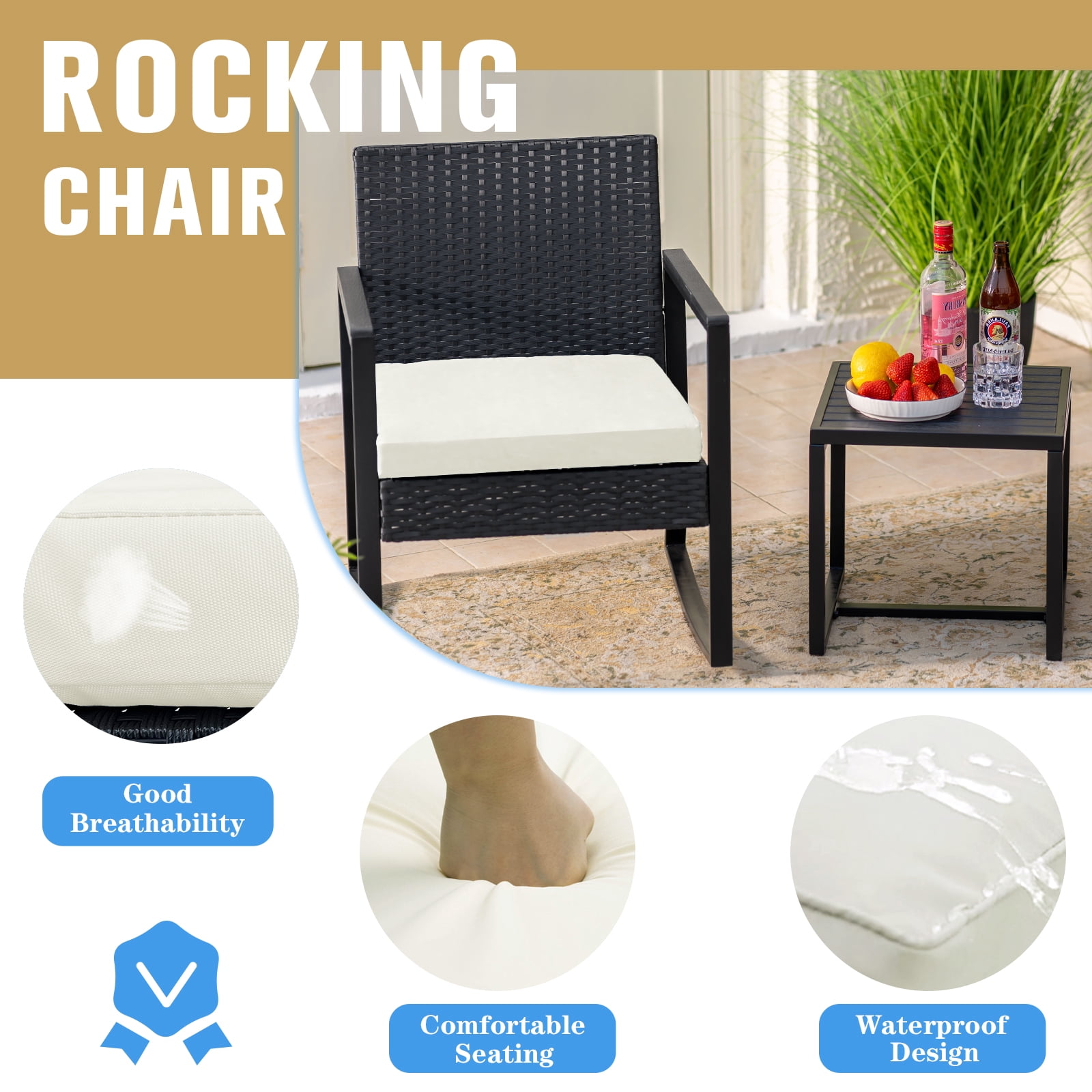 JORVIMAX Patio Conversation Set Outdoor Furniture Set Porch Bistro Set Rocking Chairs With Coffee Table Beige