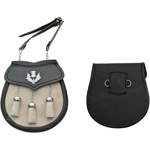 Szco Supplies White Cowhide Sporran with Chain – 7" Wide Traditional Pouch with Thistle Emblem and Tassels