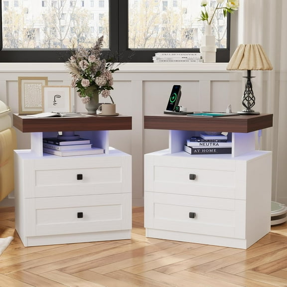 DIYART Farmhouse LED Nightstand Set of 2, Bedroom Side Table with Charging Station, Rustic End Table with Drawers for Bedroom, Antique White