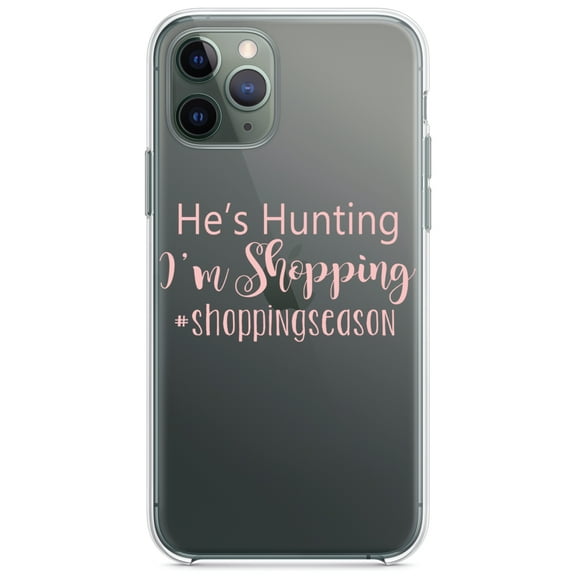 DistinctInk Clear Shockproof Hybrid Case for iPhone 11 (6.1" Screen) - TPU Bumper Acrylic Back Tempered Glass Screen Protector - He's Hunting - I'm Shopping - #shoppingseason