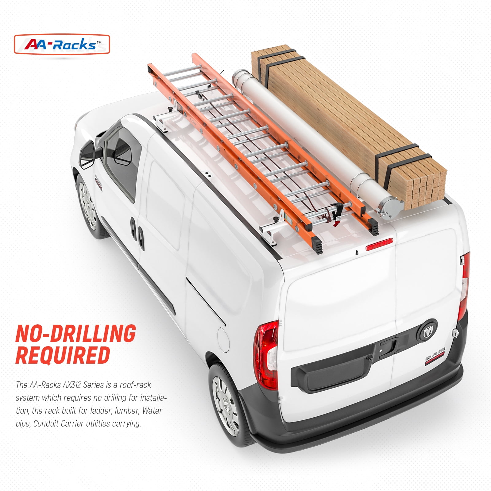 AA-Racks Model AX312-PR RAM ProMaster City 2015-On Aluminum 2 Bar (50") Van Roof Rack System w/ Ladder Stopper White