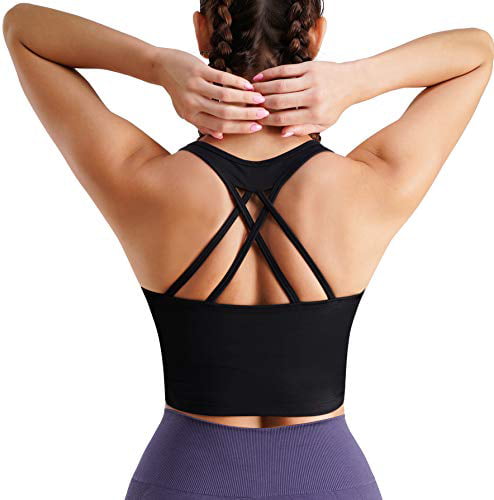 TrainingGirl Women Strappy Racerback Yoga Sports Bra Longline Crop Top Camisole Wirefree Pads Medium Impact Workout Bras
