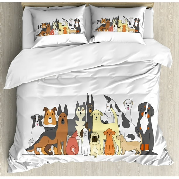 Dog Duvet Cover Set, Nursery Cartoon Style Clutter of Dogs Husky Jack
