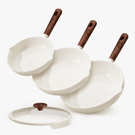 Carote 4-Piece Nonstick Frying Pan Set, 8"&9.5"&11" Skillets with Strainer Lid, White
