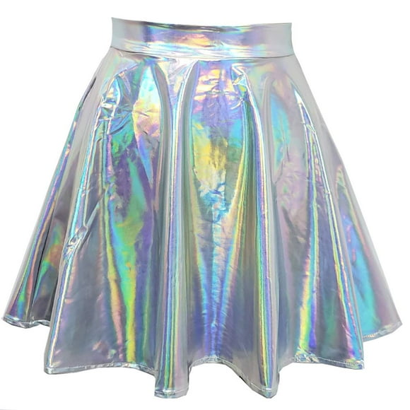 Rave Outfits Iridescent Halloween Rainbow Unicorn Party Supplies Holographic High Waisted Flare Skater Circle Skirt (M, 369SR2)