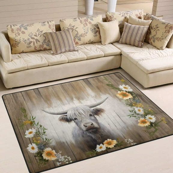 Ryvnso Highland Cattle on Wood Area Floor Rugs Soft Non-Slip Large Mats Nursery Carpets 63" x 48"