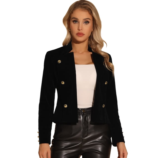 Chaqueta de terciopelo para mujer Vintage Stand Collar Open Front Button Decor Jacket Negro M