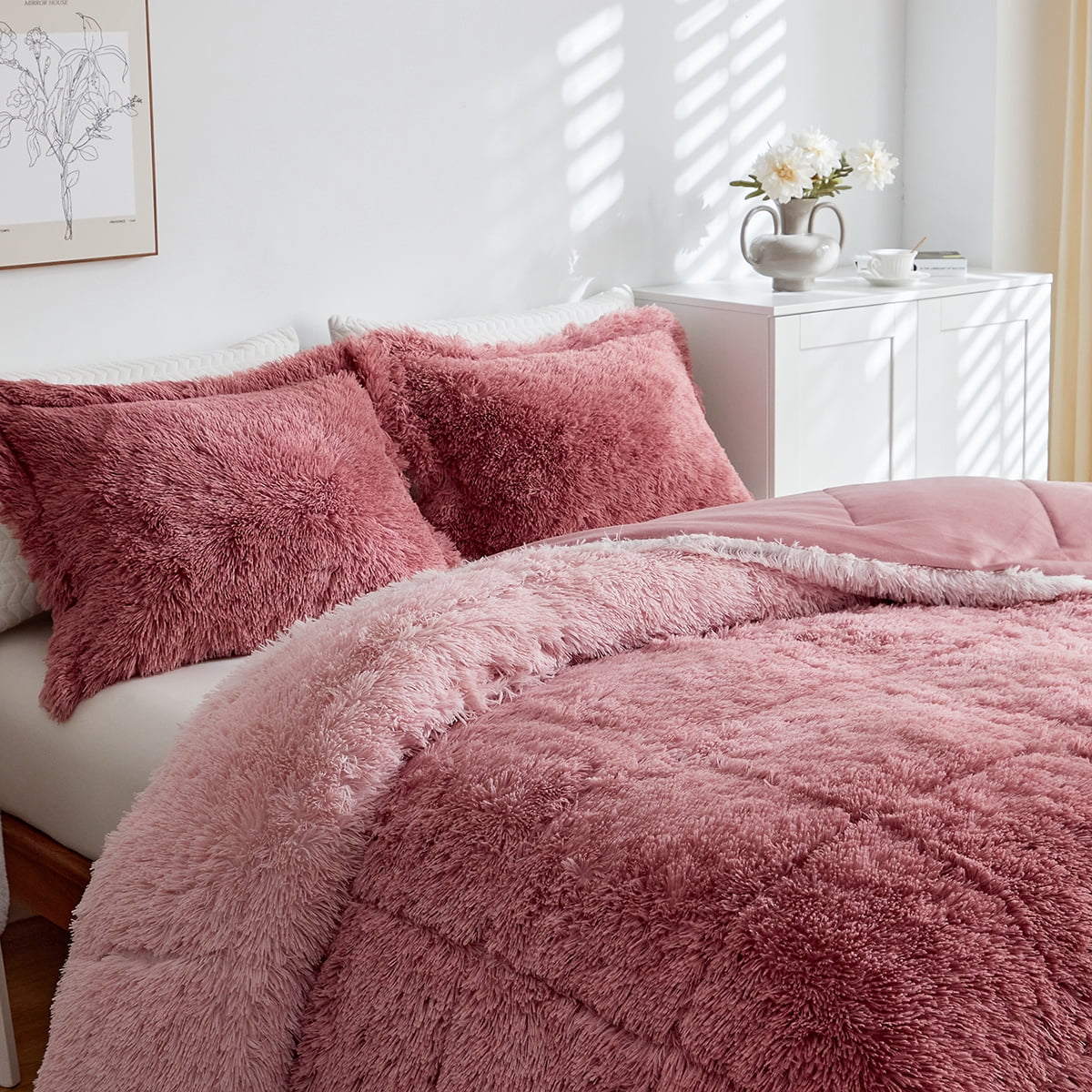 Wajade Ombre Shaggy Duvet Cover Comforter Cover Set Fluffy Fuzzy Faux Fur Bedding Set ,No Fill(1 Duvet Cover + 2 Pillow Shams, Blush Pink Ombre, Full Size)