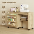 thumbnail image 3 of CoSoTower Sewing Machine Table on Wheels, Folding Craft Table with 2 Bins, Storage Shelf, 18 Pegs, Lockable Wheels, Natural, 3 of 7
