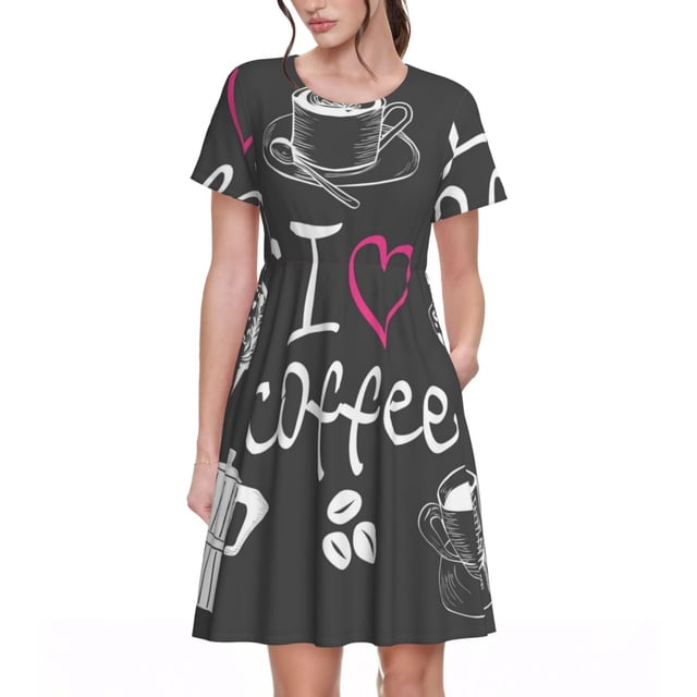 Fotbe I Love Coffee Vestido Largo de Moda para Mujer, Vestido Tipo Camiseta con Manga Corta y Estilo Casual a Rayas y Bloques de Color