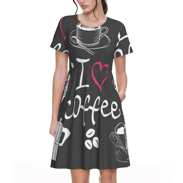 Balery I Love Coffee Vestidos sueltos de manga corta para mujer, vestidos de verano 2025, vestidos casuales de corte A con vuelo.