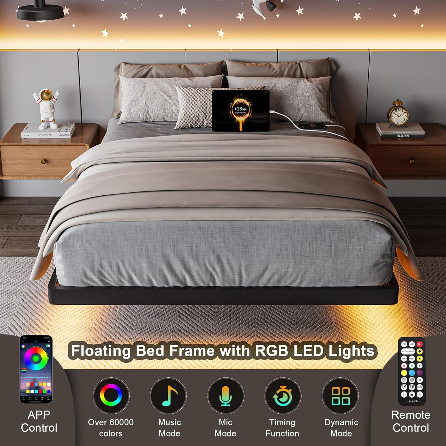 Honfach Twin Size Floating Bed Frame with Led Lights and Charging Station, Metal Bed Frame with Heavy Duty Steel Slats Supports,Black