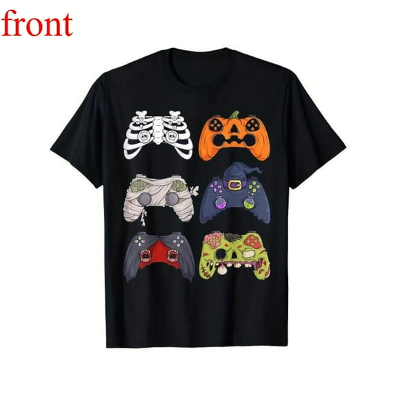 Halloween Gaming Tee Skeleton Pumpkin Controller Graphic Gamer Top Soft Breathable Cotton Black S-5XL