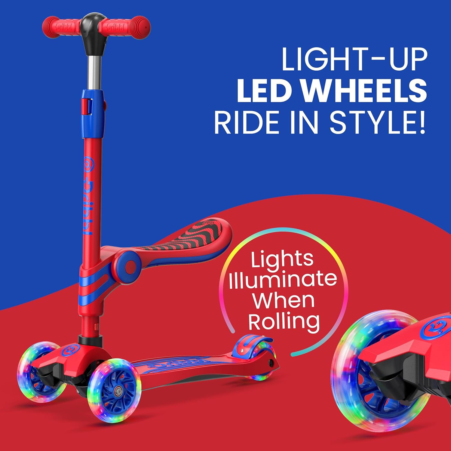 Dribbl 3-Wheel Kids Scooter with Seat, Light-Up Wheels, Adjustable Handlebar, Wide Deck & Rear Brake, Ages 2+