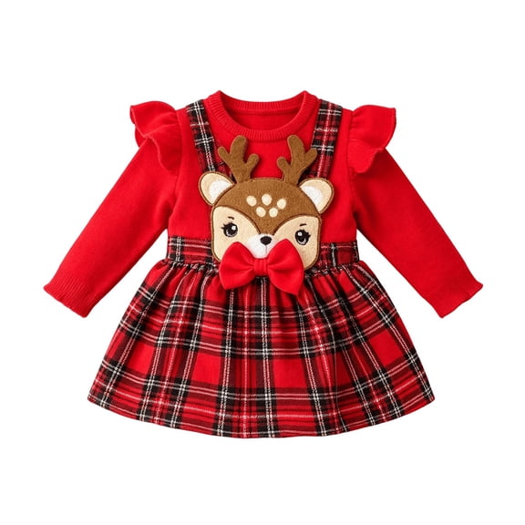 XEGLSBU Baby Girls Dresses Christmas Plaid Suspender Skirt with Deer Applique Long Sleeve Top 2-Piece Dress Outfit Red Size 9-12 Months