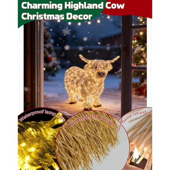Highland Cow Outdoor Christmas Decor,Leutsin 3D Lighted Highland Cow Outdoor Decor - Christmas Light Up Yard Ornament for Porch, Garden, Farmhouse