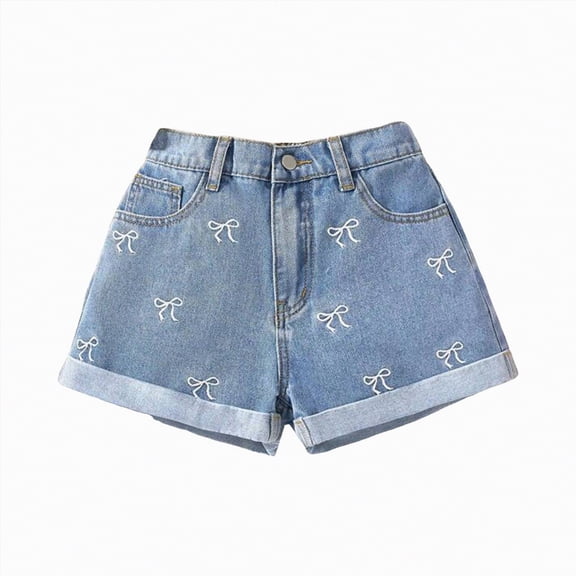 ZHANGDER Teen Girls High Waist Denim Shorts - Light Wash Bow Embroidery Jean Shorts, Light Blue 7-8 Years