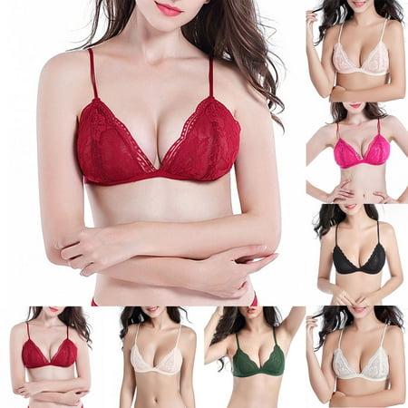 

harmtty Sexy Women Solid Color Lace Triangle Cup Wireless Bra Thin Underwear Brassiere Atrovirens M