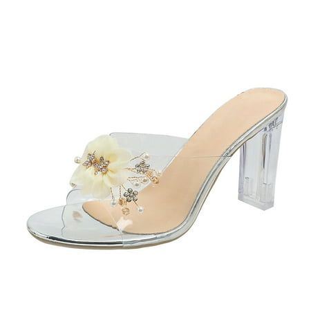 

Pyhlmscde Womens Sandals Transparent Chunky Heels Sandals Square Open Toe Slides Sandals Clear Mid Block Heel Slip on Dress Heeled Sandal