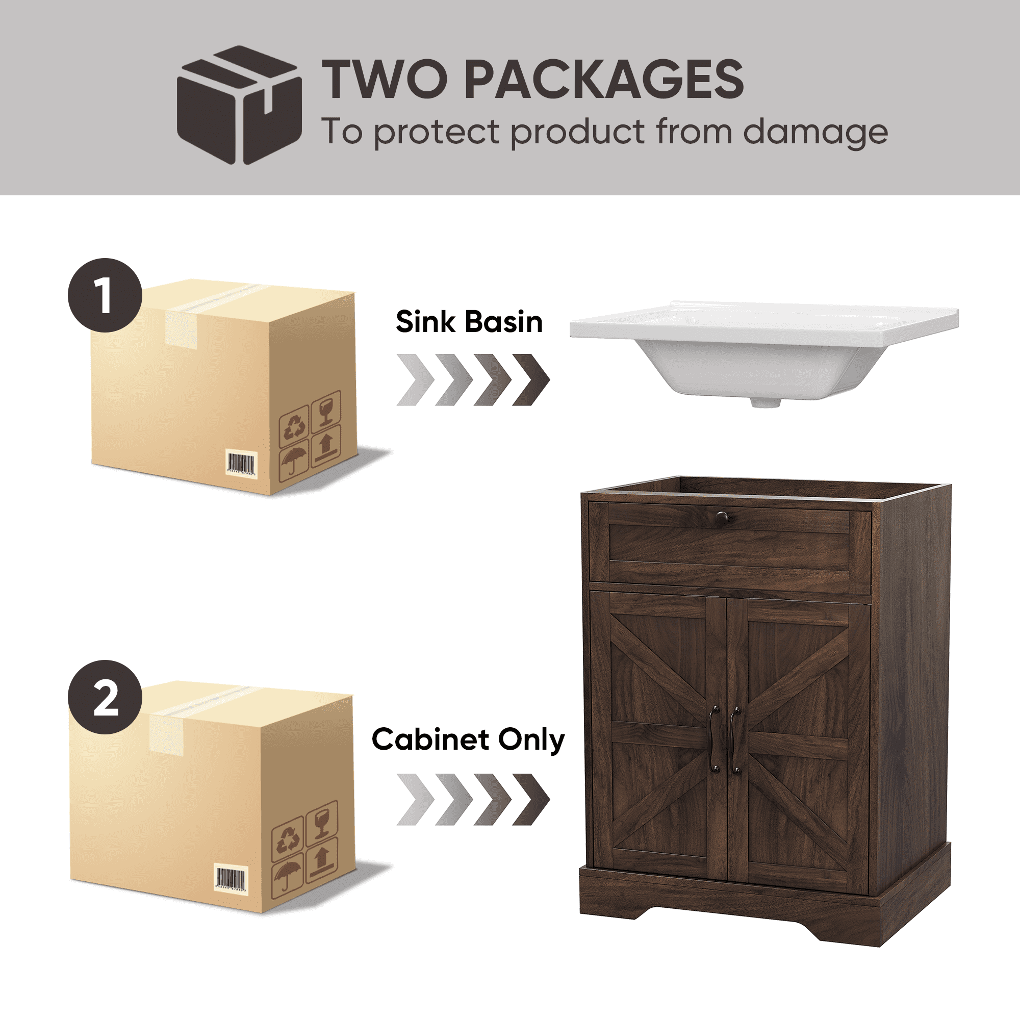 Smuxee 24" Bathroom Vanity with Integrated Sink Top, Bathroom Storage Cabinet with Flip Drawer & Doors, Walnut