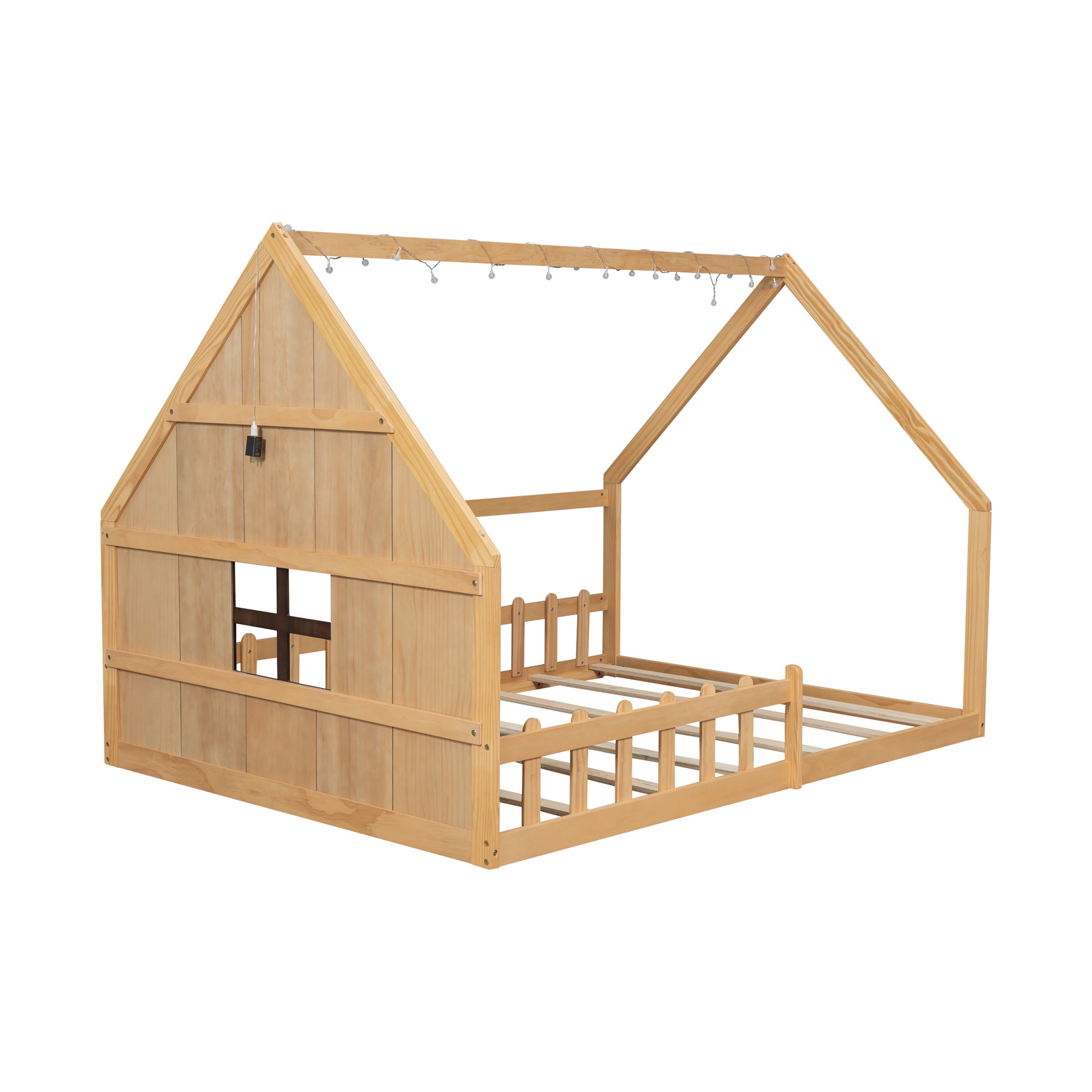 Bellemave Full Size House Bed with LED Light and Fence, Wooden Montessori Floor Bed with Window for Boys Girls, No Box Spring Required (Natural)