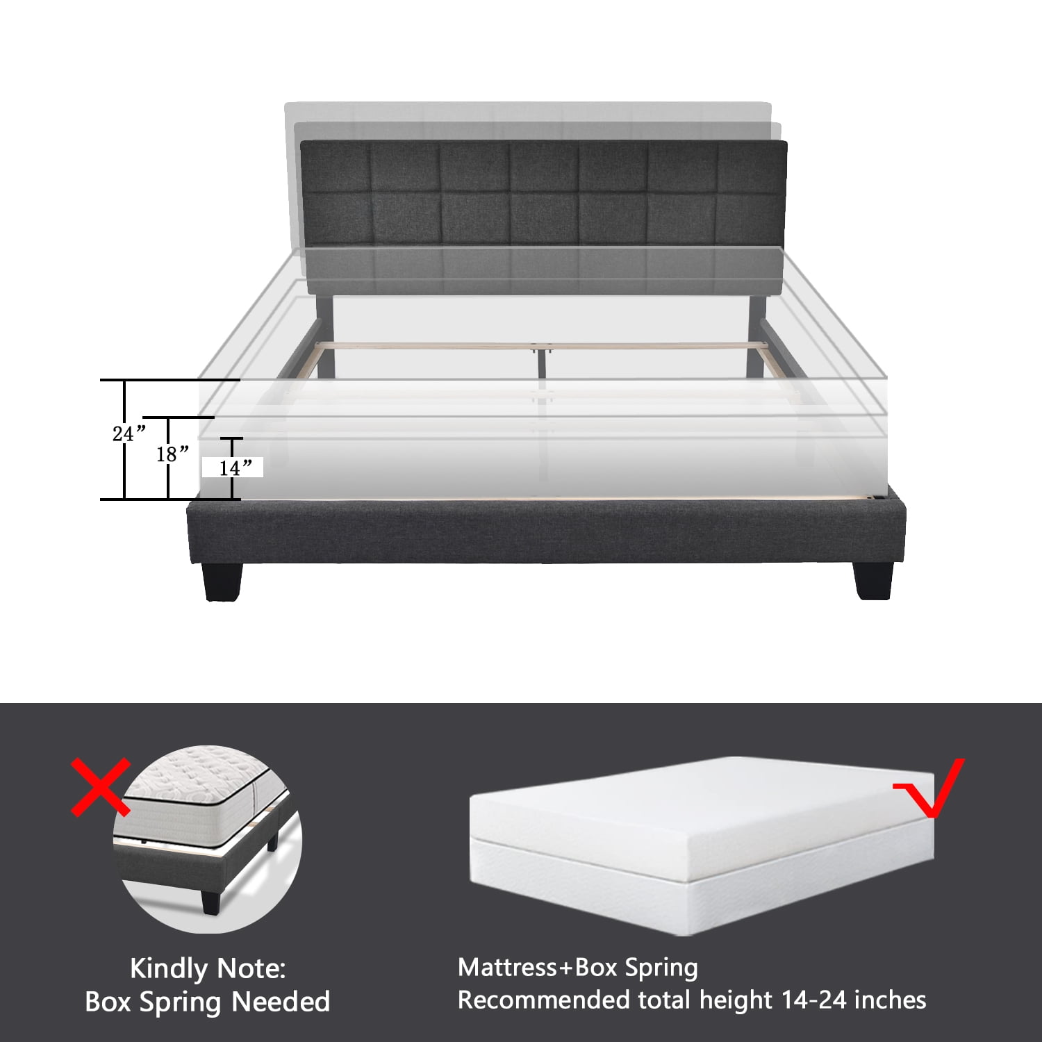 Allewie Queen Size Panel Platform Bed Frame with Adjustable High Upholstered Headboard, Grey