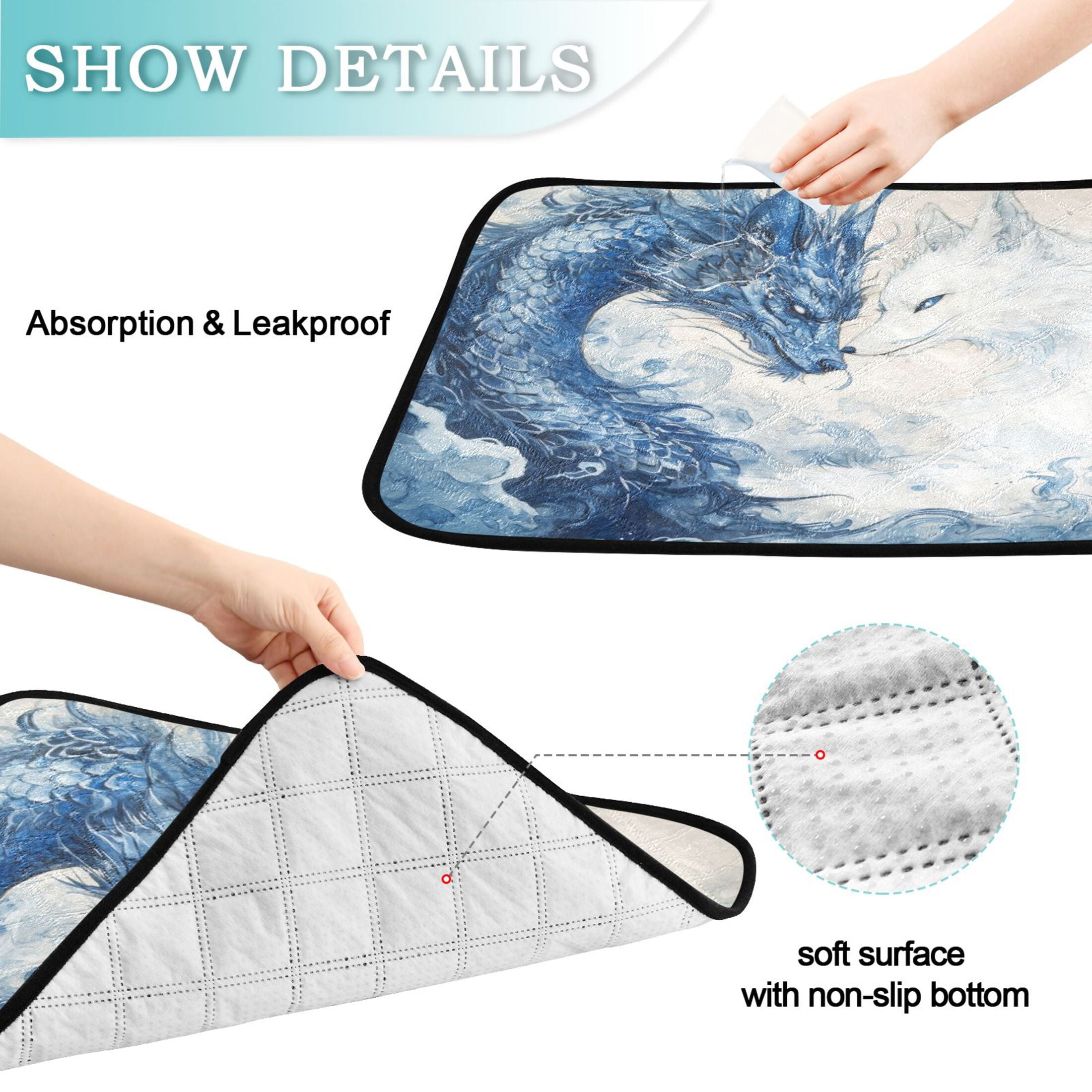 Qxltty Blue Dragon and White Fox Cat litter Pads Pet Set of 3 Diaper Mats Center Anti-leakage Layer Absorbent Soft and Comfortable