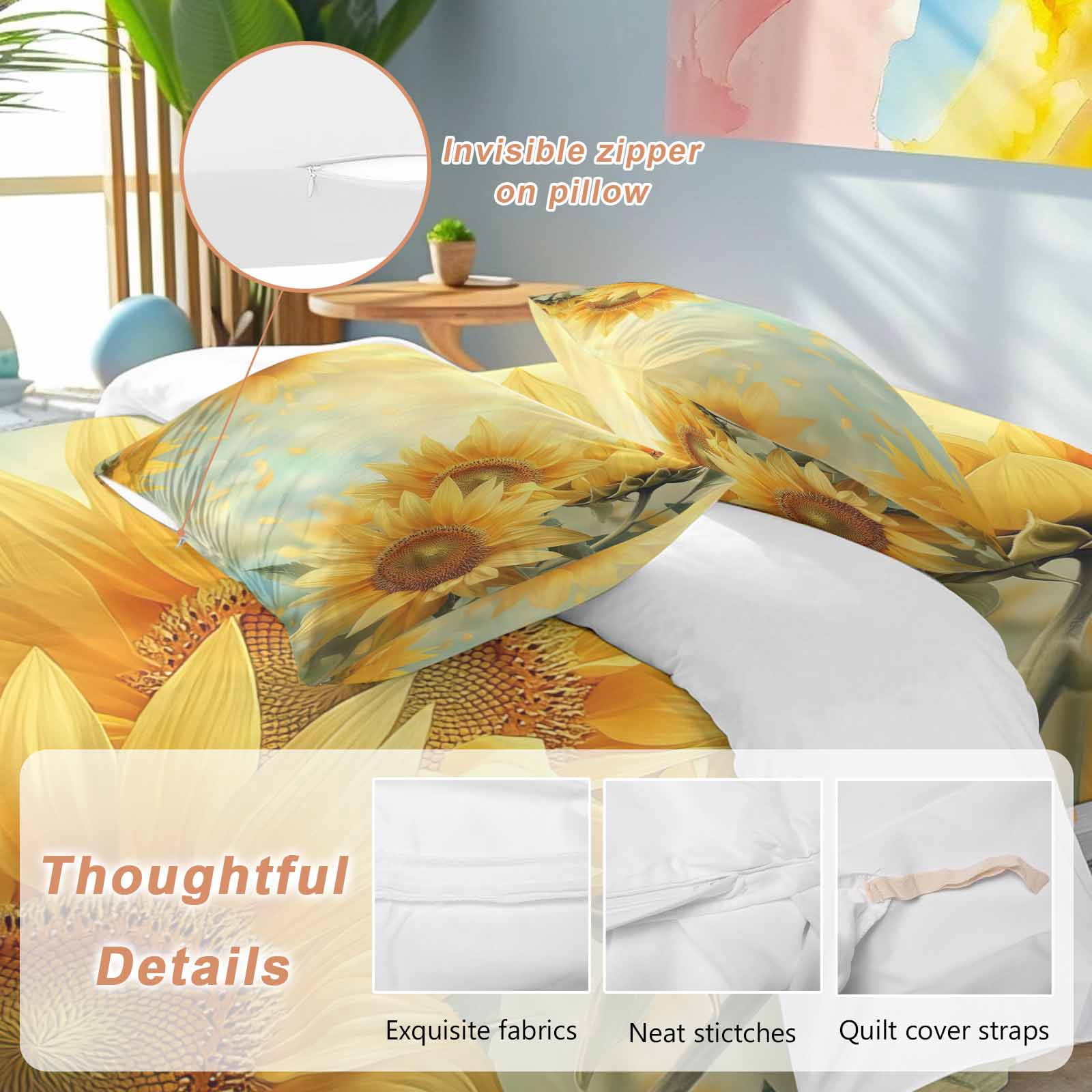 Sunflower Duvet Cover Set, Yellow Spring Floral Botanical Soft Duvet Cover Full Size Bedding Set 4 Pieces, 1 Quiltcover and 2 Pillowcases with Zipper, 1 Bed Sheet for All Seasons