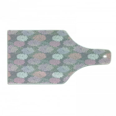 Pink and Grey Cutting Board, Blossom Bouquet Botanical Foliage Shabby Form Essence Chrysanthemum, Tempered Glass Cutting and Serving Board, Wine Bottle Shape, Blush Lilac Grey, by Ambesonne