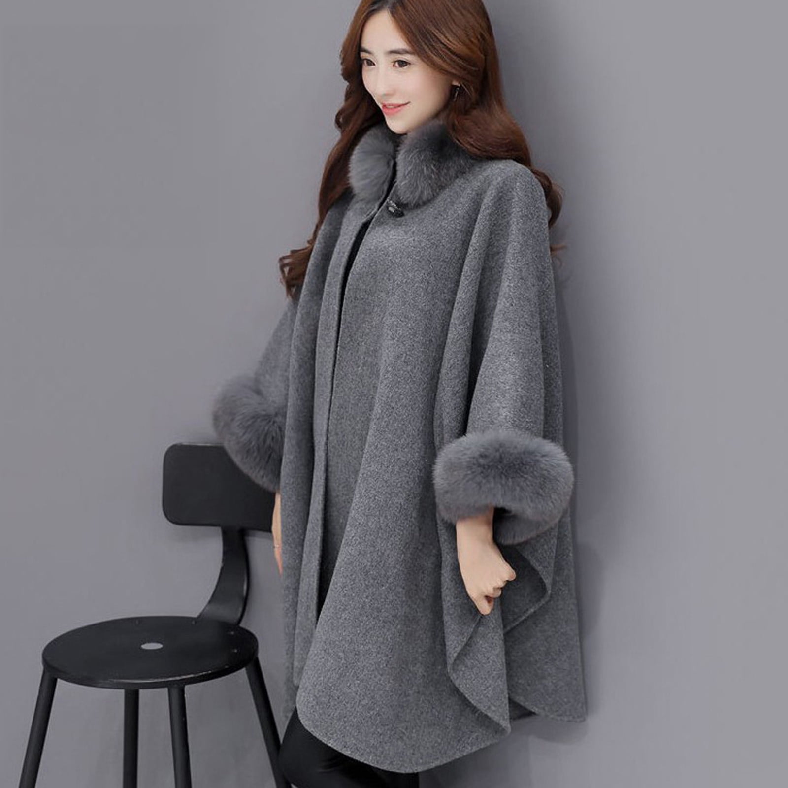 Women Winter  Jacket Casual Woollen Outwear Fur Collar Parka Cardigan Cloak Coat