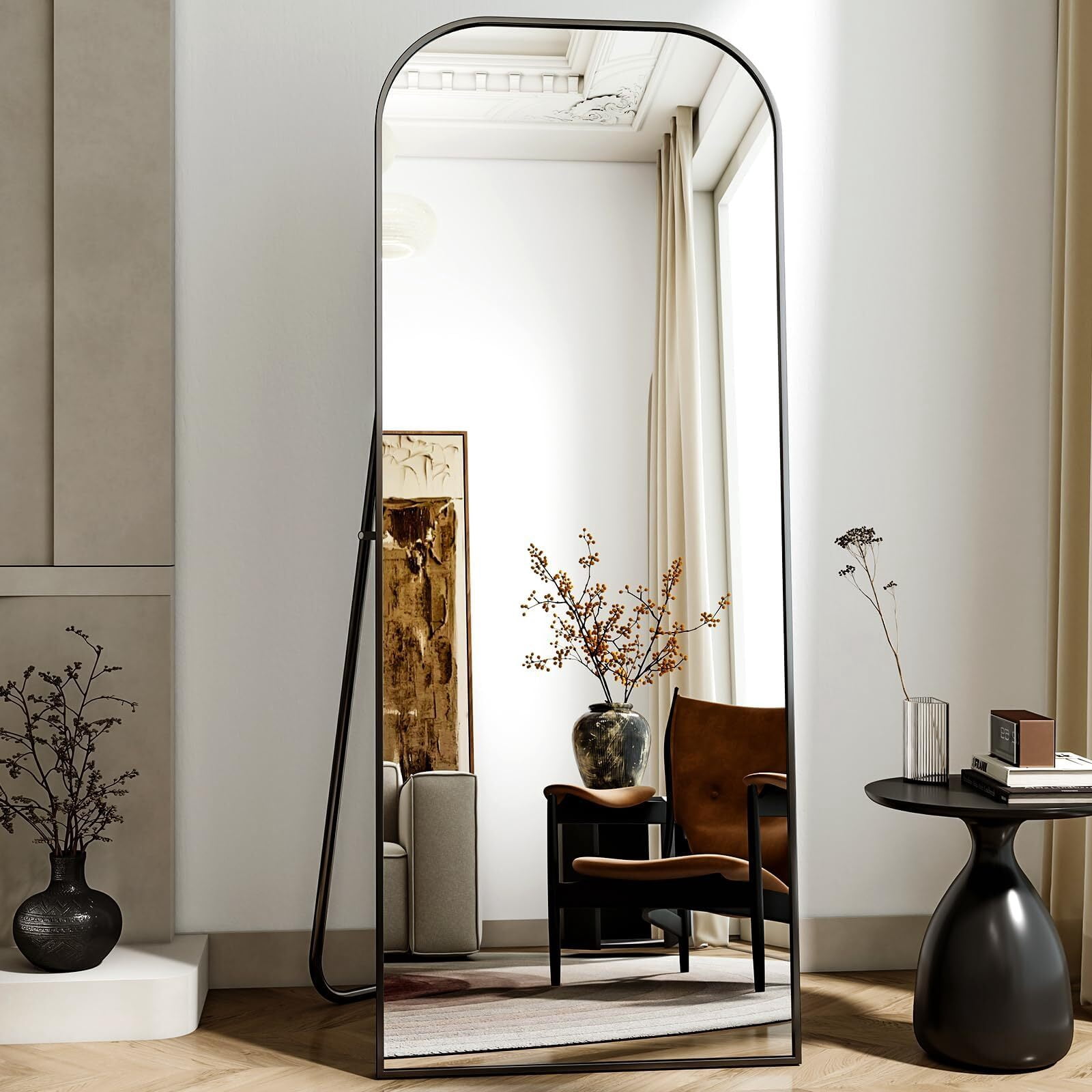 Lumora 64"x21" Rounded-top Full Length Mirror Free-standing Floor Mirror, Black