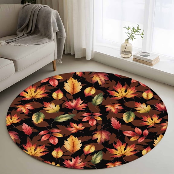 Round Area Rug 3 Ft, Fall Brown Maple Washable Non-Slip Circle Carpet for Living Room/Bedroom, Thanksgiving Autumn Leaves Country Rustic Low-Profile Small Floor Mats Collection Rugs for Indoor