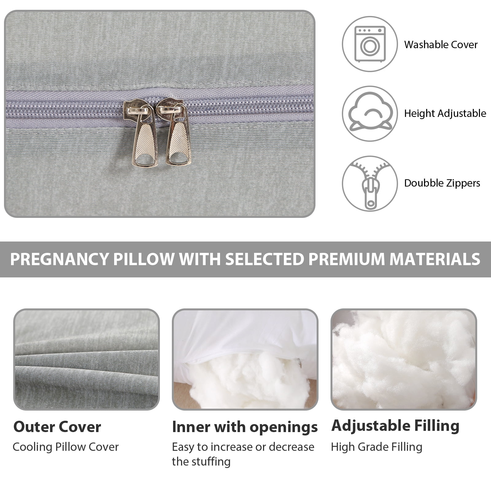 BATTOP Pregnancy Pillow with Cooling Cover,J Shaped Maternity Body Pillows for Pregnancy,Support for Back,Legs,Belly,Hips,Grey