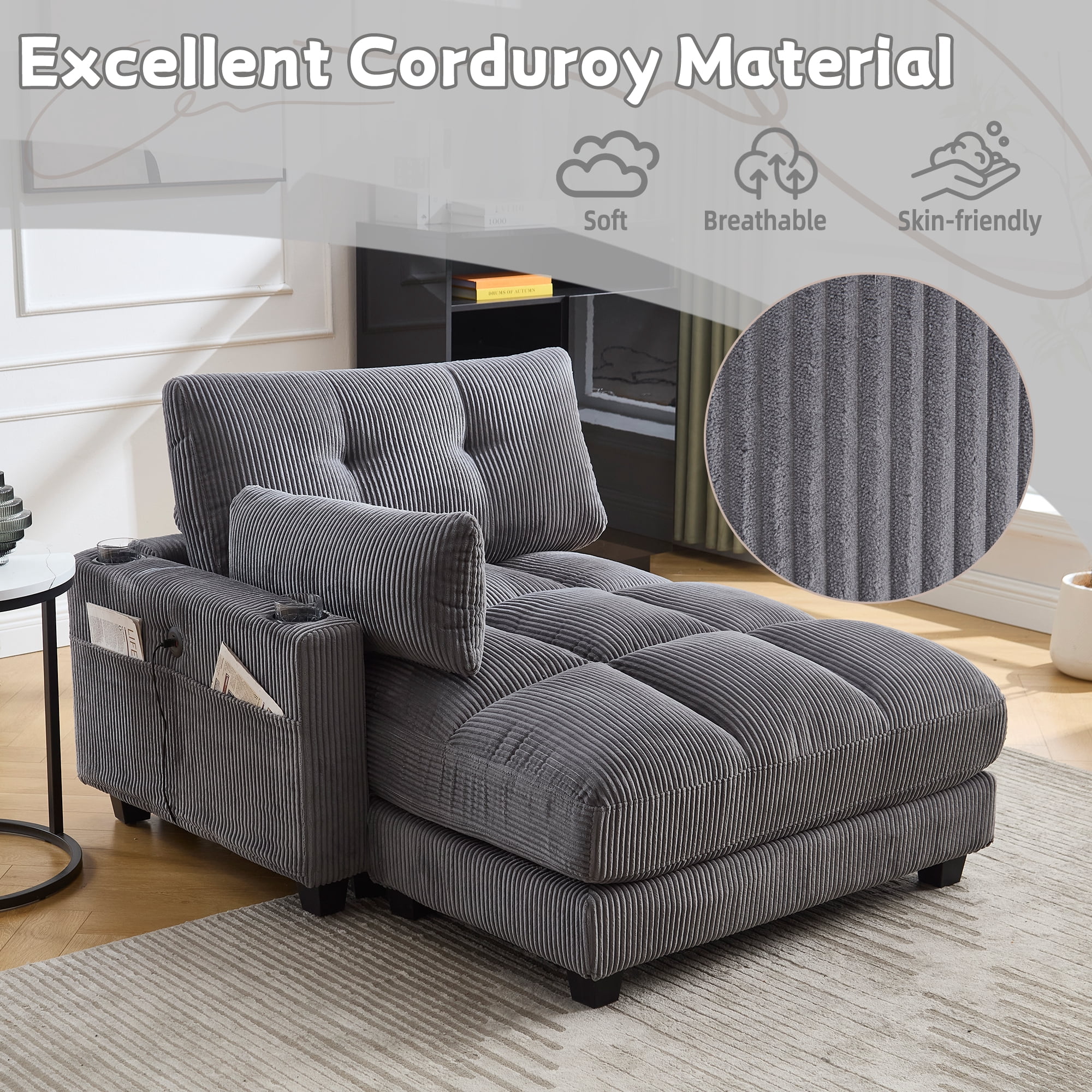 MOONMISS Corduroy Upholstered Soft Deep Seat Sleeper Sofa with USB,TYPE-C&2 Cup Holders-Gray