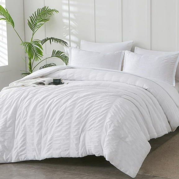 Davulos White Queen Comforter Set Seersucker 7 Pieces, All Season Luxury Boho Bed in a Bag for Bedroom, Shabby Chic Bedding Set with Comforters, Sheets, Pillowcases & Shams