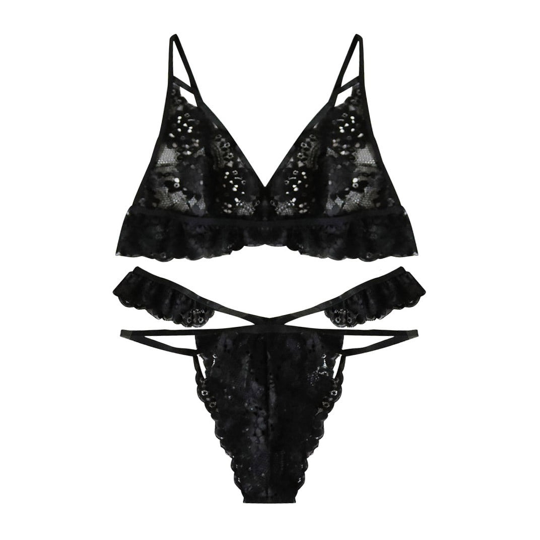 CEspace Women Lace Black Lingerie Set Plus Size Hollow Bra Thong GTring Underwear