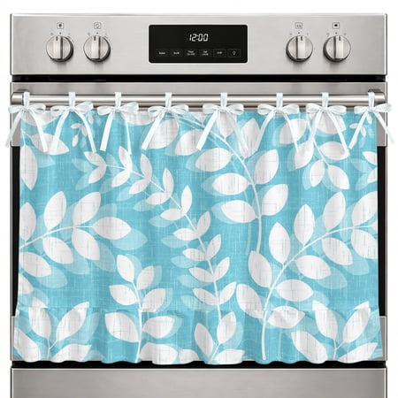 Oven Skirt Curtain Turquoise Leaf Branches Oven Curtain with 8 Ribbon Ties & Ruffle Trim Stove Cover Linen Leaves Plant Oven Skirts for Stove Dishwasher Cabinet Over Sinks Kitchen Decor 32x24 Inch