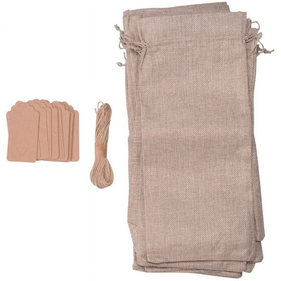 12 Pieces Burlap Wine Bags Wine Bottle Bags with Drawstrings Reusable Bags with Tags for Blind Tasting Birthday Wedding Travel Housewarming