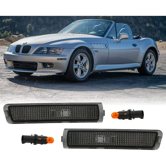 USR Z3 Side Marker Lights - Euro Style Smoke Lens Front Bumper Sidemarkers Lamps Set (Left   Right) Compatible with 1996-2002 BMW Z3 Roadster / M / M Coupe (Smoked, Bulbs   Sockets Included)