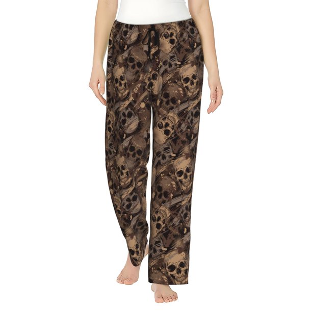 Balery Brown Camouflage Skull Pantalones de pijama para mujer, pijamas ultraligeros, pantalones de estar por casa-Medium