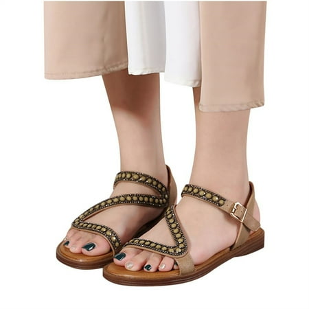 

SHENGXINY 2022 Women Casual Ankle Buckle Sandals Rome Style Shoes Summer Fashion Flock Woven Open Toe Narrow Band Flat Beach Sandals