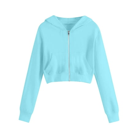 Scyoekwg Women s Spring Fall Coats Zipper Drawstring Hooded Sweatshirt Jackets Casual Long Sleeve Solid Color Loose Fashion Short Hoodies Jackets (Light Blue XXXXL)