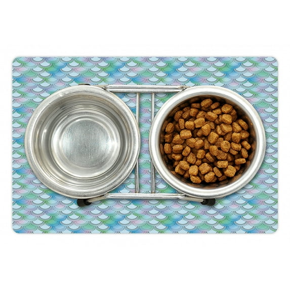 Fish Scale Pet Mat for Food and Water, Japanese Squama Pattern with Smooth Color Change Marine Fantasy Mermaid Tail, Non-Slip Rubber Mat for Dogs and Cats, 18" X 12", by Ambesonne