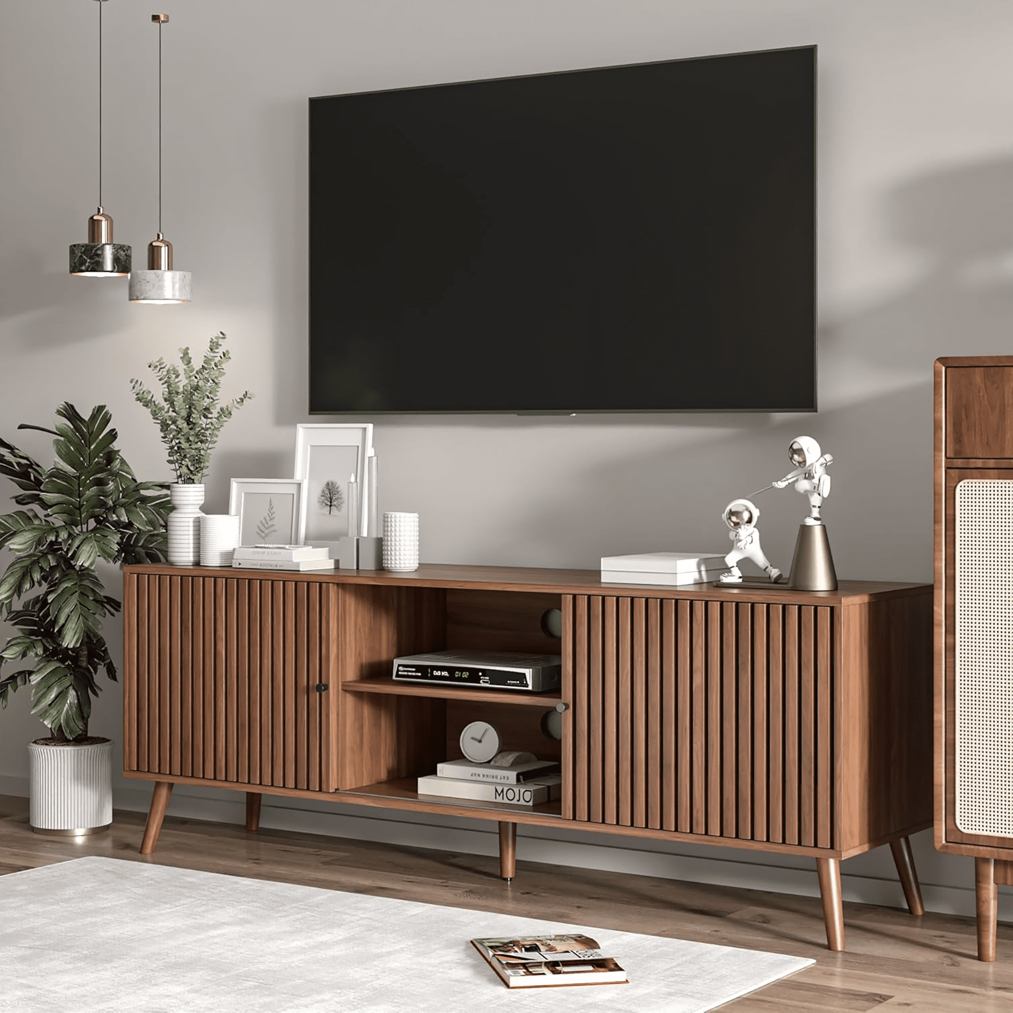 Oubayajia Mid-Century Modern 63" TV Stand for TVs up to 70”, Wood TV Console with Waveform Sliding Doors and Storage, Entertainment Center for Living Room Bedroom, Walnut