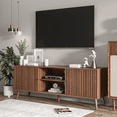 thumbnail image 5 of Oubayajia Mid-Century Modern 63" TV Stand for TVs up to 70”, Wood TV Console with Waveform Sliding Doors and Storage, Entertainment Center for Living Room Bedroom, Walnut, 5 of 7