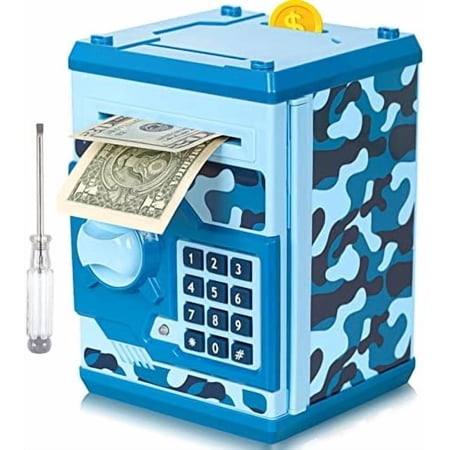 ATM Piggy Bank for Boys Girls, Mini ATM Coin Bank Money Saving Box with Password, Kids Safe Money Jar for Adults with Auto Grab Bill Slot, Great Gift Toy Bank for Kids(Camouflage Blue)