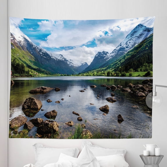 Nature Tapestry, Mountains River and Open Sky Natural Beauties Norway Fjords Nordic Landscape, Fabric Wall Hanging Decor for Bedroom Living Room Dorm, 5 Sizes, White Green Brown, by Ambesonne