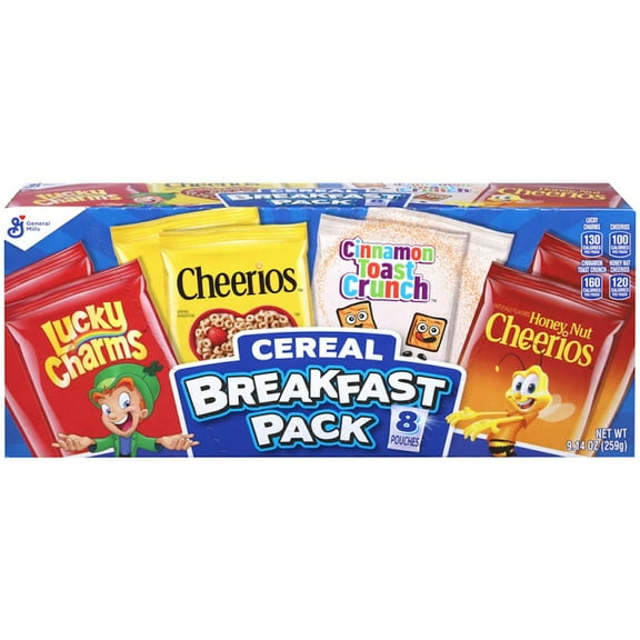 Cereal Variety Pack Lucky Charms, Cinnamon Toast Crunch, and Cheerios, 8 Pouches, 9.14 oz